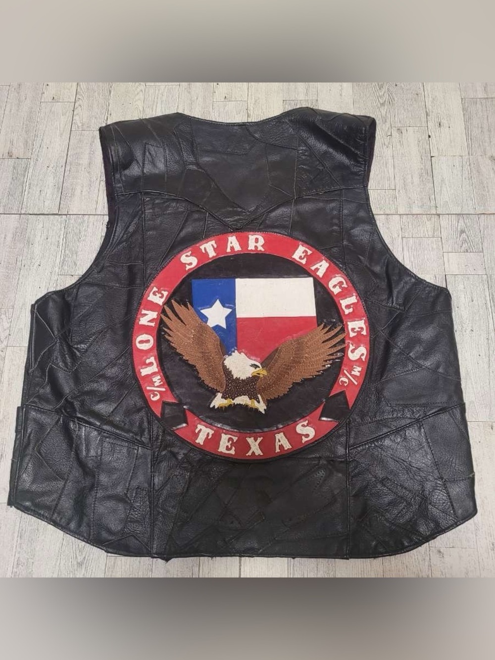 Lone Star Eagles Black Leather Army Franken Patchwork Moto Biker Vest Men's M